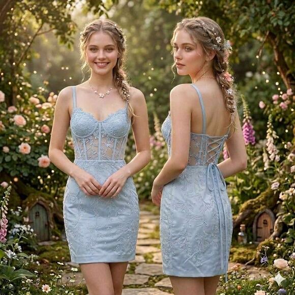 Unbranded Dresses & Skirts - Light Blue Lace up sheer CORSET Mini Dress Fairycore Coquette Hoco PROM XS 0 - 2